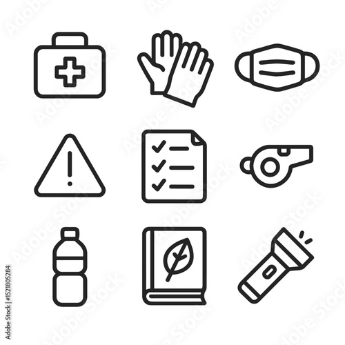 Foraging Safety Icons. Outline icon set of foraging safety: first aid kit, gloves, face mask, warning sign, checklist, whistle,