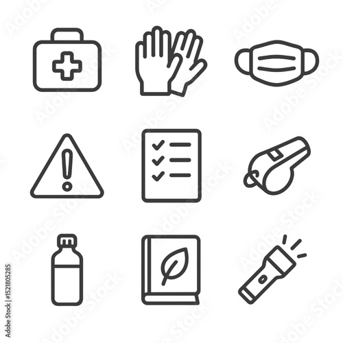 Foraging Safety Icons. Outline icon set of foraging safety: first aid kit, gloves, face mask, warning sign, checklist, whistle,