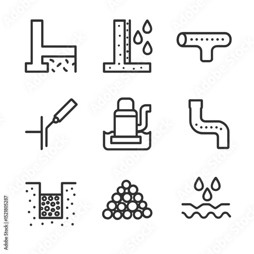 Foundation Waterproofing Icons. Outline icon set of foundation waterproofing system: foundation, waterproof membrane, drainage,
