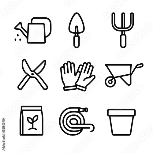 Gardening Tools Icons. Outline icon set of gardening tools: watering can, trowel, garden fork, pruning shears, gloves, wheelbarrow