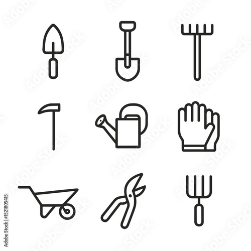 Gardening Tools Icons. Outline icon set of gardening tools: trowel, spade, rake, hoe, watering can, gloves, wheelbarrow, pruner,