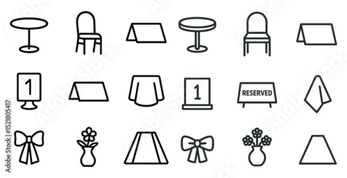 Minimalist icon set of table, chair, vases, and reserved signs for event planning
