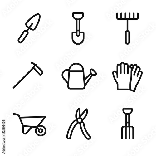 Gardening Tools Icons. Outline icon set of gardening tools: trowel, spade, rake, hoe, watering can, gloves, wheelbarrow, pruner,