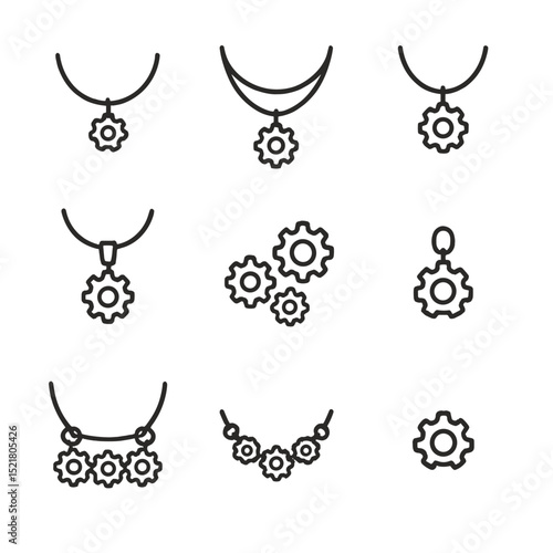 Gear Necklace Icons. Outline icon set of gear necklaces: small gear pendant, layered gear chain, cog drop, sprocket bail, gear