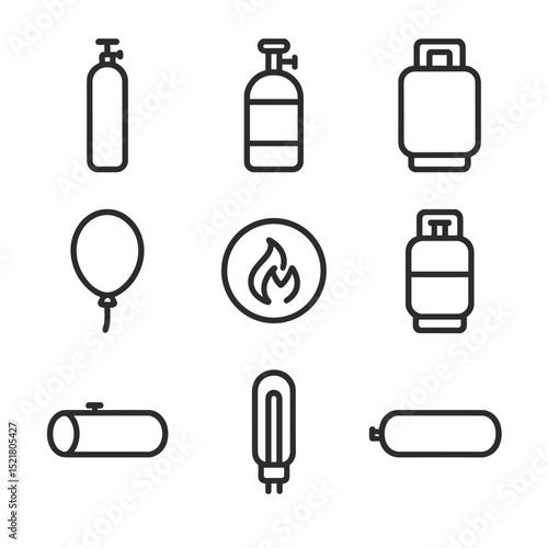 Gas Cylinder Icons. Outline icon set of raw material gases: nitrogen cylinder, oxygen tank, argon container, carbon dioxide