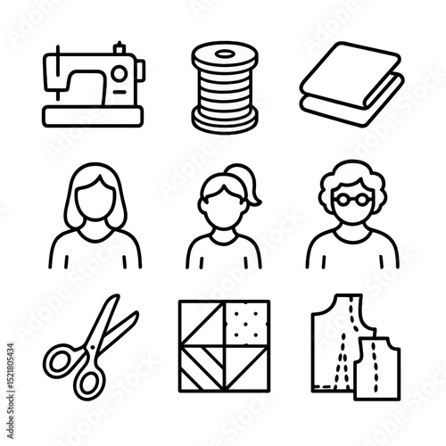 Generational Craft Icons. Outline icon set of generational crafting: sewing machine, thread, fabric, scissors, mother, daughter,