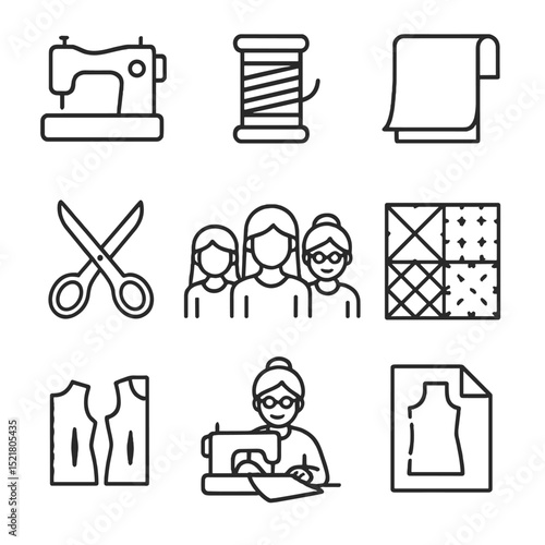 Generational Craft Icons. Outline icon set of generational crafting: sewing machine, thread, fabric, scissors, mother, daughter,