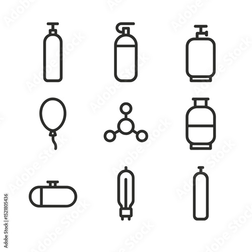 Gas Cylinder Icons. Outline icon set of raw material gases: nitrogen cylinder, oxygen tank, argon container, carbon dioxide