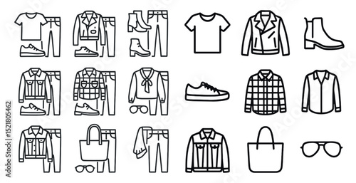 Casual fashion icon set featuring clothing, shoes, and accessories