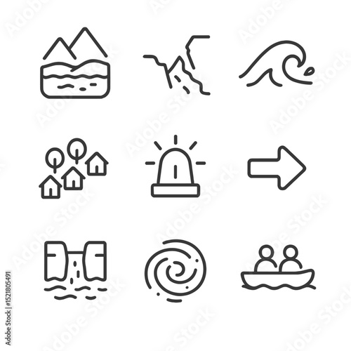 Glacial Flood Icons. Outline icon set of glacial lake outburst floods: glacial lake, breached moraine, flood wave, downstream