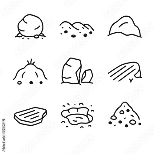 Glacial Rock Icons. Outline icon set of glacial and frost-formed rocks: erratic boulder, moraine ridge, roche moutonnée,