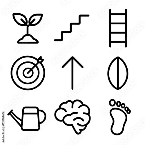 Growth Journey Icons. Outline icon set of personal growth: sprouting plant, staircase, ladder, target, arrow upward, seed,