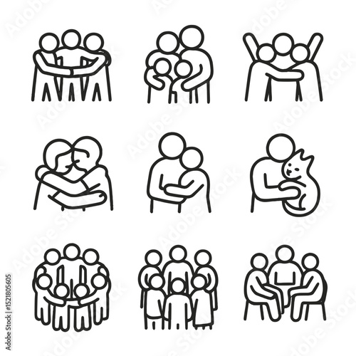 Group Hug Icons. Outline icon set of group hug moments: friends circle, family embrace, team celebration, sibling cuddle,