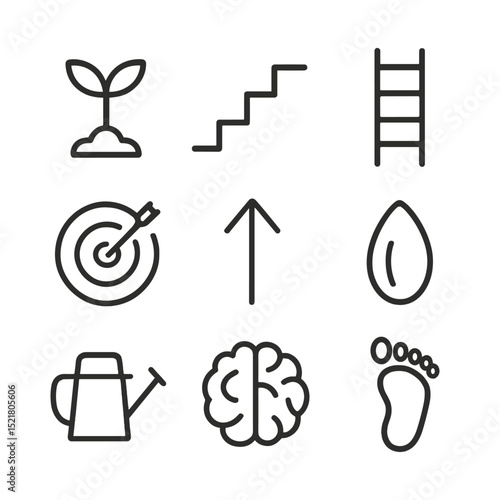 Growth Journey Icons. Outline icon set of personal growth: sprouting plant, staircase, ladder, target, arrow upward, seed,