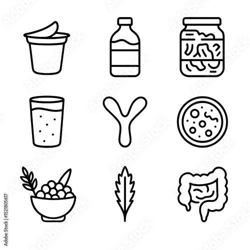 Gut Microbiome Icons. Outline icon set of gut microbiome and probiotics: yogurt cup, kombucha bottle, kimchi jar, kefir glass,