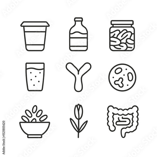 Gut Microbiome Icons. Outline icon set of gut microbiome and probiotics: yogurt cup, kombucha bottle, kimchi jar, kefir glass,