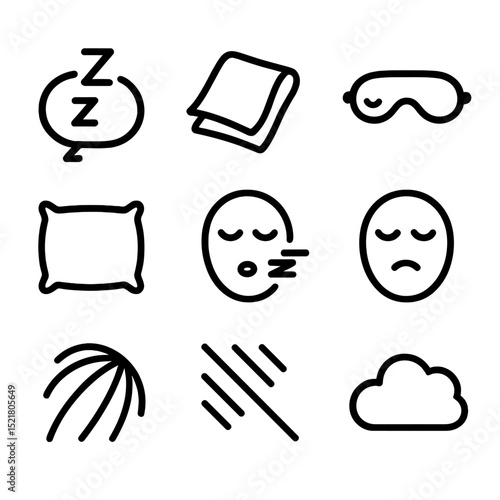 Hammock Nap Icons. Outline icon set of hammock afternoon nap: sleeping ZZZ bubble, soft blanket, eye mask, pillow, gentle snore
