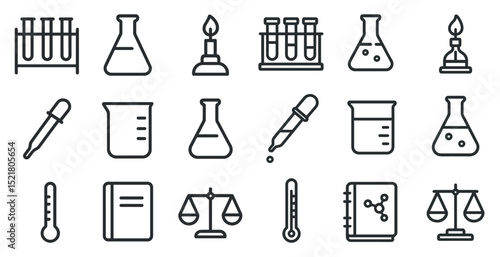Chemistry and lab equipment icons for scientific research and education design