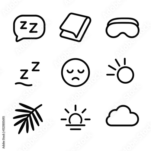 Hammock Nap Icons. Outline icon set of hammock afternoon nap: sleeping ZZZ bubble, soft blanket, eye mask, pillow, gentle snore
