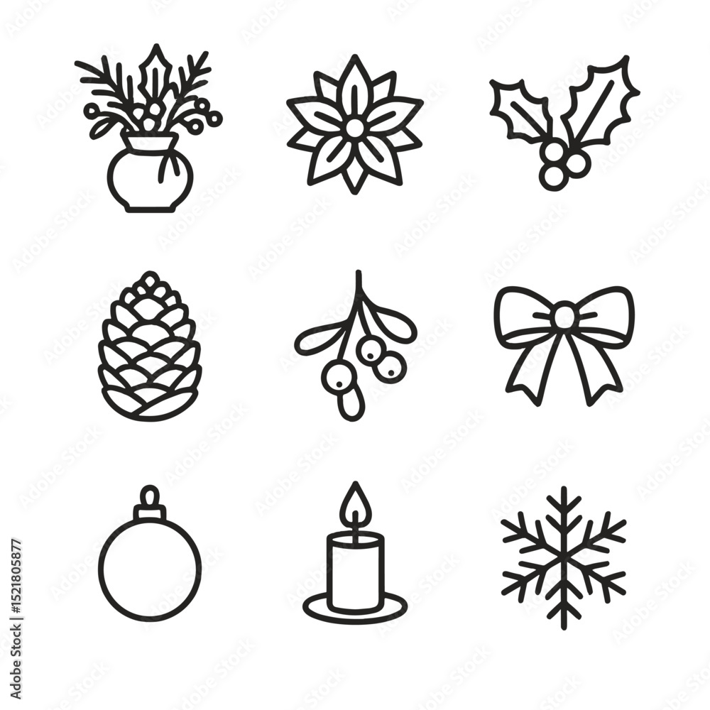 Holiday and Grow Icons. Outline icon set of holiday-themed vase arrangement: festive vase, poinsettia, holly sprig, pinecone, Holiday and Grow Icons. Outline icon set of holiday-themed vase arrangement: festive vase, poinsettia, holly sprig, pinecone,