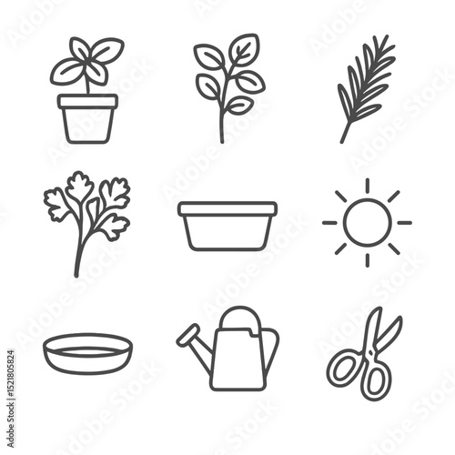 Herb Garden Icon Set. Outline icon set of herb windowsill gardens: basil pot, mint sprig, rosemary stem, parsley bunch, ceramic