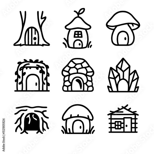 Hidden Dwellings Icons. Outline icon set of hidden dwellings: tree hollow door, fairy house, mushroom cottage, vine shack, stone