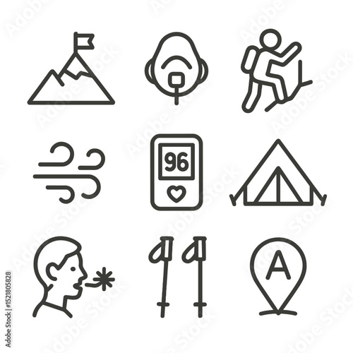 High Altitude Icon Set. Outline icon set of high altitude breathlessness: mountain peak, oxygen mask, climbing figure, thin air