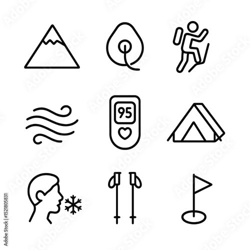 High Altitude Icon Set. Outline icon set of high altitude breathlessness: mountain peak, oxygen mask, climbing figure, thin air