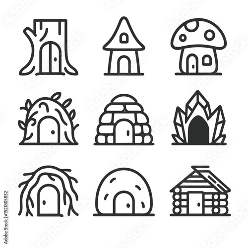 Hidden Dwellings Icons. Outline icon set of hidden dwellings: tree hollow door, fairy house, mushroom cottage, vine shack, stone