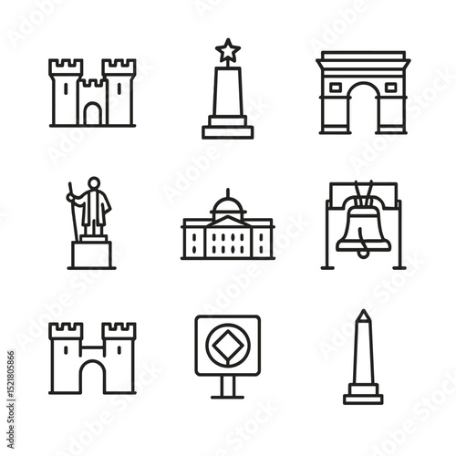 Historic Monuments Icons. Outline icon set of historic monuments: ancient castle, war memorial, triumphal arch, statue of founder,