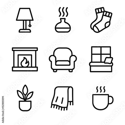 Home Comfort Icons. Outline icon set of home comfort elements: ambient lighting, scented diffuser, cozy socks, warm fireplace,