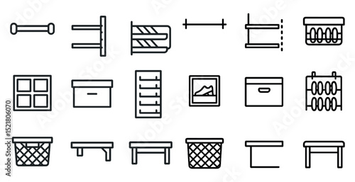 Home organization and storage solutions: shelves, baskets, and boxes icons collection