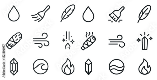 Minimalist icons for natural elements and cleansing ritual concepts