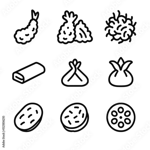 Asian Fried Favorites. Outline icon set of Asian tempura and fritters: shrimp tempura, vegetable tempura, pakora, bhaji, spring