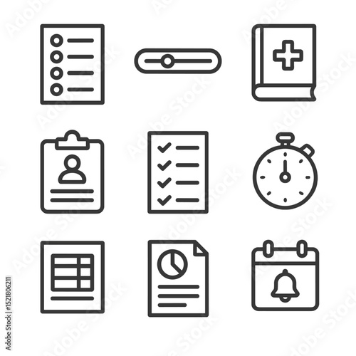 Assessment Tools Icons. Outline icon set of assessment instruments: questionnaire form, rating scale bar, diagnostic manual,