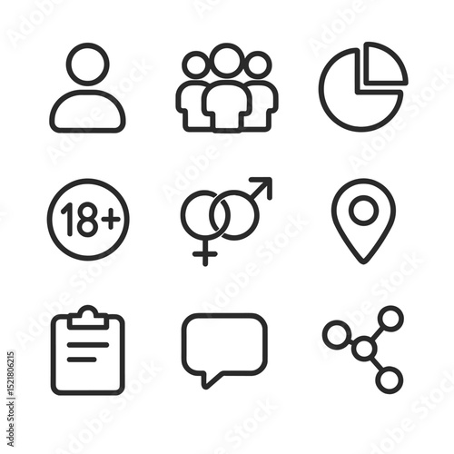 Audience Persona Icons. Outline icon set of audience personas: user silhouette, group of people, demographic pie chart, age badge,