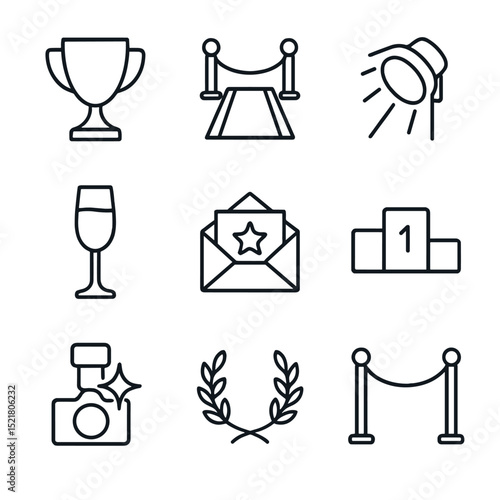 Awards Ceremony Icons. Outline icon set of awards ceremony guests: trophy silhouette, red carpet, spotlight, champagne glass,