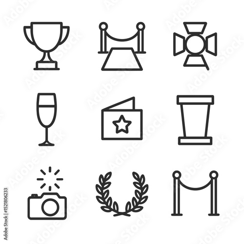 Awards Ceremony Icons. Outline icon set of awards ceremony guests: trophy silhouette, red carpet, spotlight, champagne glass,