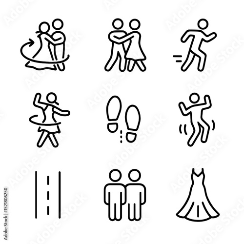Ballroom Dance Icons. Outline icon set of ballroom dance styles: waltz swirl, foxtrot stride, quickstep dash, rumba hip circle,