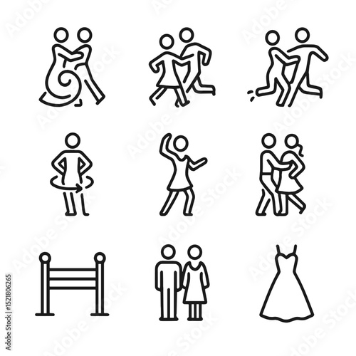 Ballroom Dance Icons. Outline icon set of ballroom dance styles: waltz swirl, foxtrot stride, quickstep dash, rumba hip circle,