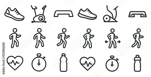 Fitness and exercise icons set for health and cardio activities