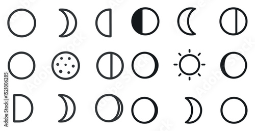 Phases and cycles of the moon with sun symbols for astronomy design