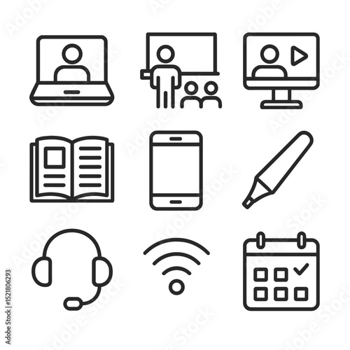 Blended Learning Icons. Outline icon set of blended learning: laptop with student, classroom blackboard, video lecture screen,