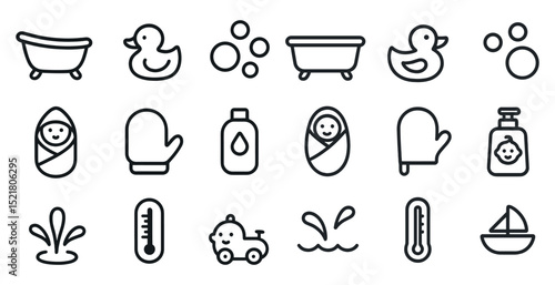 Baby bath time icons set for parenting and nursery designs