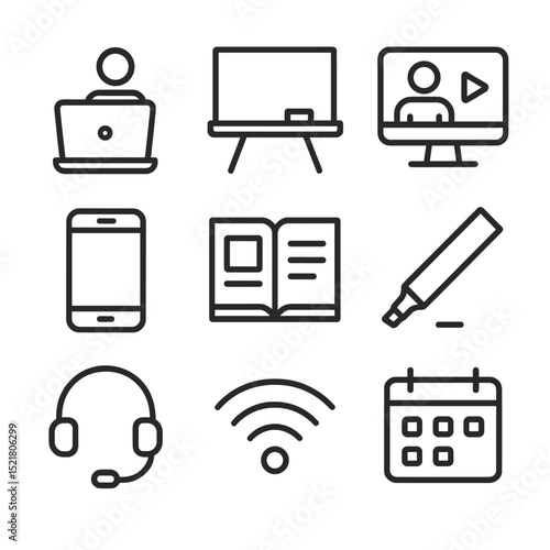 Blended Learning Icons. Outline icon set of blended learning: laptop with student, classroom blackboard, video lecture screen,