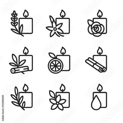 Candle Scent Icons. Outline icon set of candle scents: lavender scent, vanilla scent, rose scent, sandalwood scent, citrus scent,