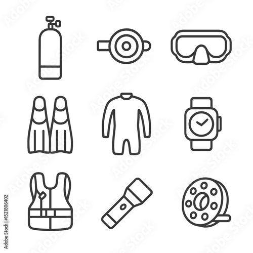 Cave Diving Essentials. Outline icon set of cave diving equipment: scuba tank, regulator, dive mask, fins, wetsuit, dive computer,
