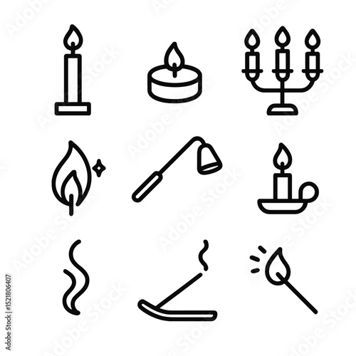 Candlelight Ritual Icons. Outline icon set of candlelight rituals: taper candle, tealight, candelabra, flickering flame, candle
