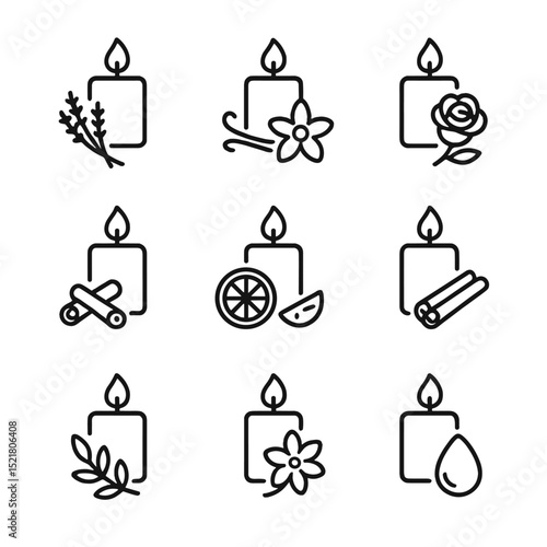 Candle Scent Icons. Outline icon set of candle scents: lavender scent, vanilla scent, rose scent, sandalwood scent, citrus scent,