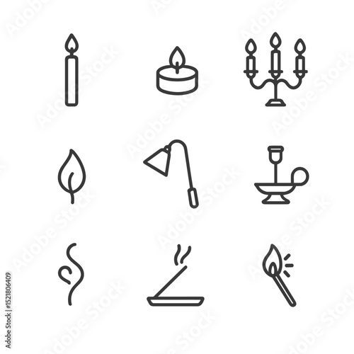 Candlelight Ritual Icons. Outline icon set of candlelight rituals: taper candle, tealight, candelabra, flickering flame, candle
